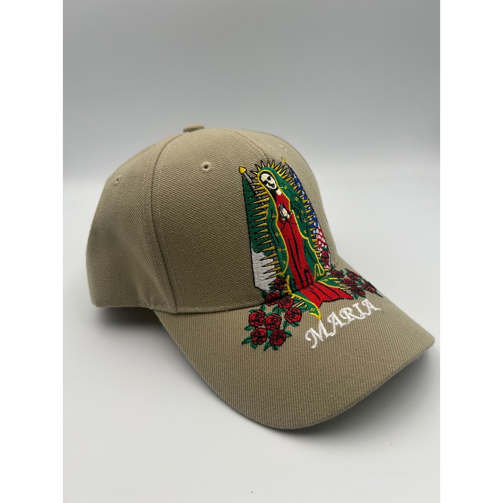 Blue Ocean Virgin Mary Maria Embroidered Hat Tan Khaki Adjustable Baseball Cap